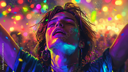 An artistic representation of a teenager lost in the rhythm of the music at an outdoor concert, with vibrant festival lights illuminating their expressive face, creating a visually