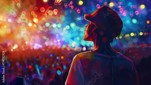 An artistic representation of a teenager lost in the rhythm of the music at an outdoor concert, with vibrant festival lights illuminating their expressive face, creating a visually
