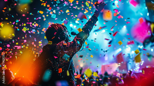A close-up photograph of a teenager immersed in the beat  with colorful confetti falling around them during a concert finale  capturing the exhilaration and joy of the live music m