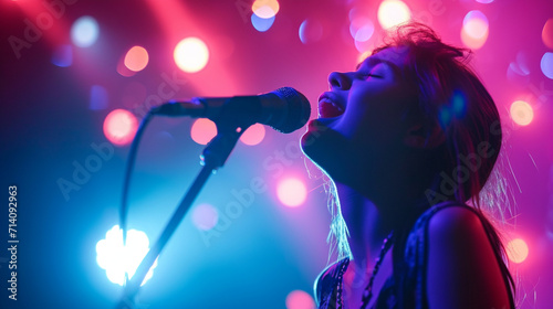 A close-up photograph of a teenager singing along passionately at a concert, with stage lights creating a halo effect around them, capturing the intensity and emotional connection