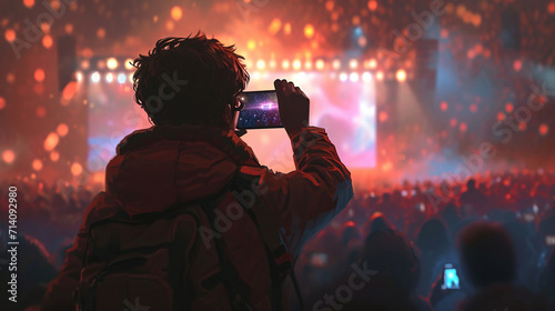 A visually rich image showcasing a teenager capturing a memorable concert moment on their phone, with the stage lights reflecting in their eyes, and the crowd's excitement visible