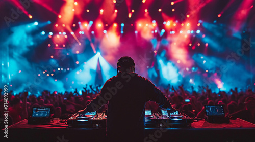 An immersive photograph featuring a DJ at a music festival, with hands in motion, manipulating equipment and surrounded by a sea of enthusiastic fans, illuminated by pulsating stag photo
