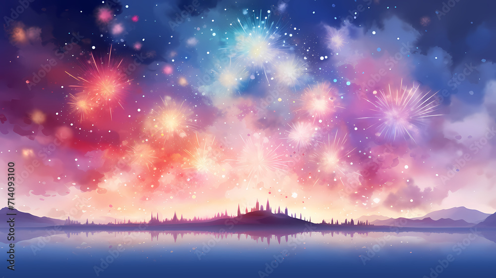 Fototapeta premium Happy New Year, burning fireworks with bokeh light background