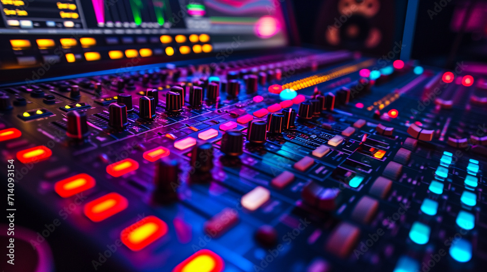 A close-up shot of a recording studio mixing desk, capturing the intricate details of faders, buttons, and LED displays, with vibrant meters and screens displaying soundwaves, crea