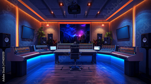 A captivating image showcasing a state-of-the-art recording studio with sleek acoustic panels, atmospheric LED lighting, and a mixing console bathed in soft hues, creating a visual © Наталья Евтехова