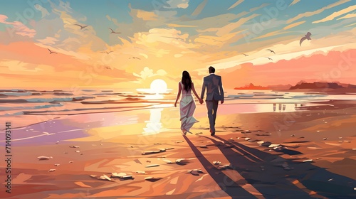 Wide shot image of newly weds walking on beach, Generative Ai illustration photo