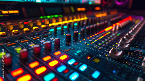 A close-up shot of a recording studio mixing desk, capturing the intricate details of faders, buttons, and LED displays, with vibrant meters and screens displaying soundwaves, crea photo