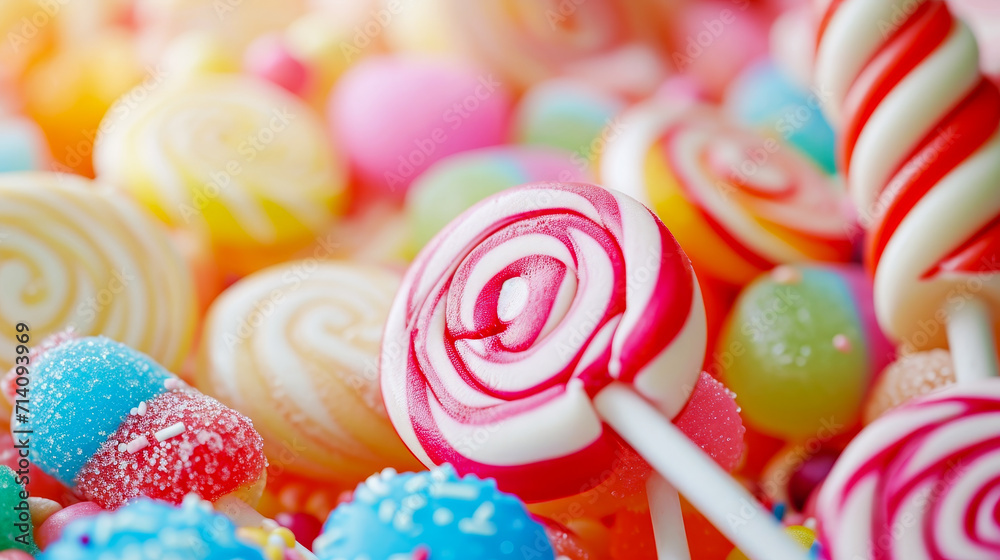 A selection of colorful swirl lollipops and various candies, with bright and cheerful patterns.
A selection of colorful swirl lollipops and various candies, with bright and cheerful patterns.