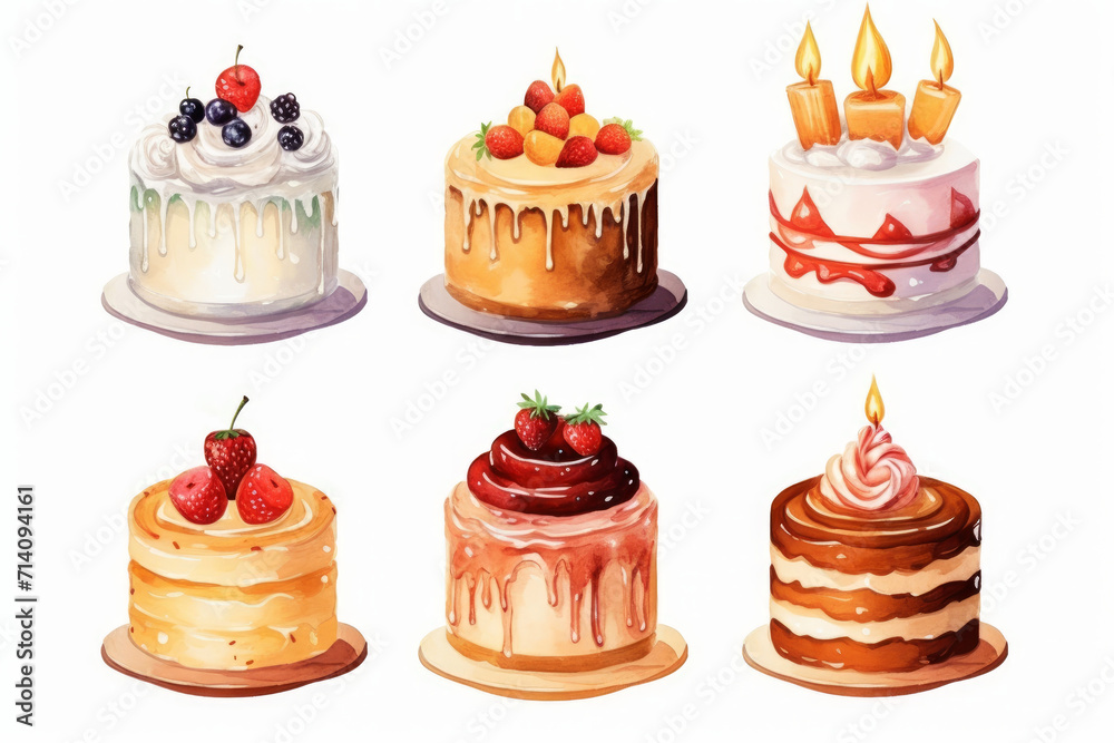 A set of cakes on a white isolated background. A variety of sweet desserts with chocolate, fruits, candles for a party or birthday, watercolor illustration. A set of cakes on a white isolated background. A variety of sweet desserts with chocolate, fruits, candles for a party or birthday, watercolor illustration.