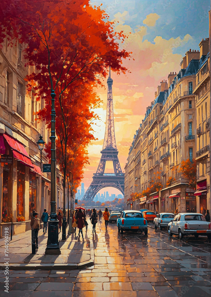 Oil Painting - Fall Day Paris with Eiffel tower in 1980s. Collection of designer oil paintings. Decoration for the interior. Modern abstract canvas art. Set of pictures. vintage cars. vintage