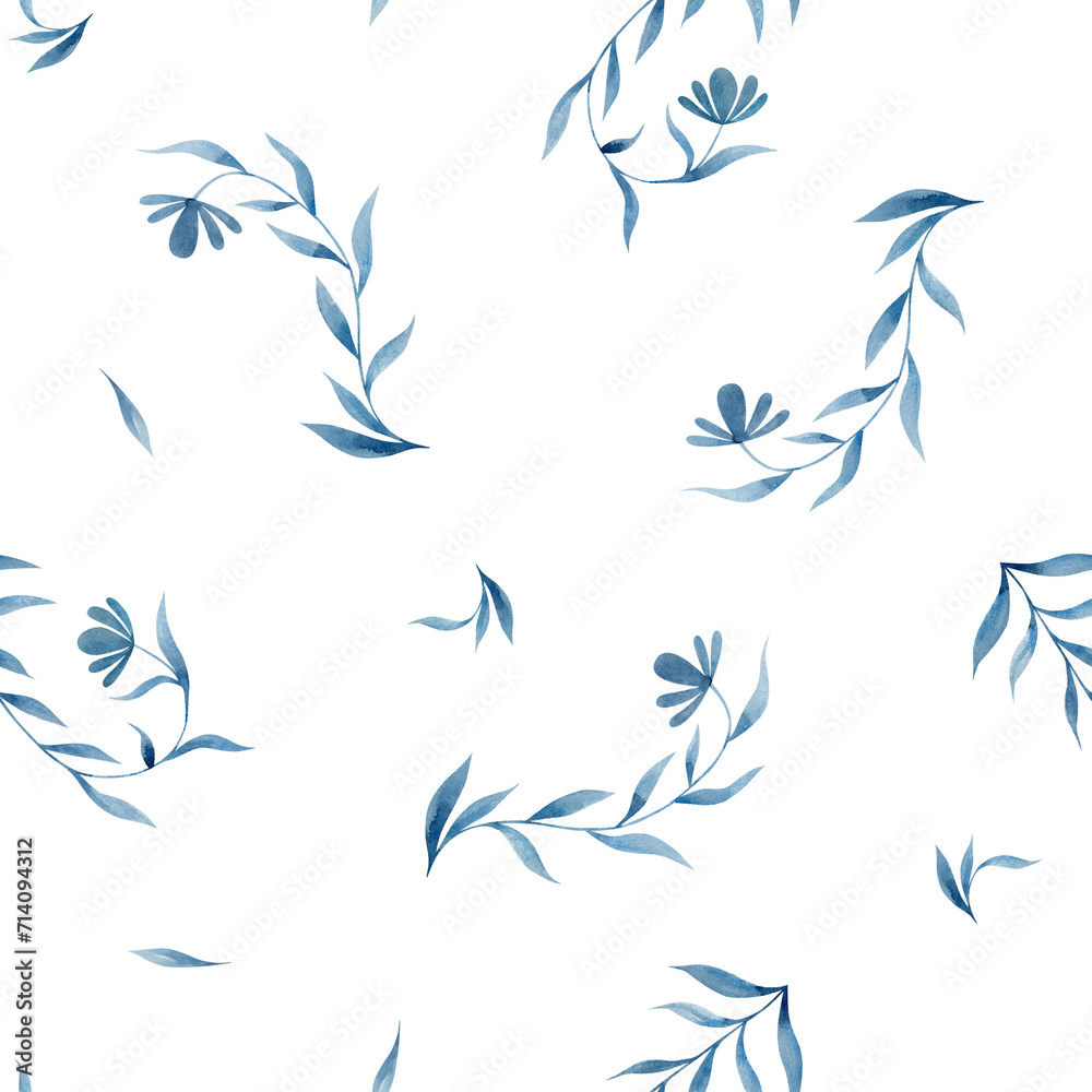 Watercolor seamless pattern with floral motifs in folk style. Blue watercolor flowers and branches in ornamental style background. Printing on fabric, wallpaper, textiles.