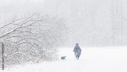 Dog lover walks her dog in the woods during a heavy snowstorm