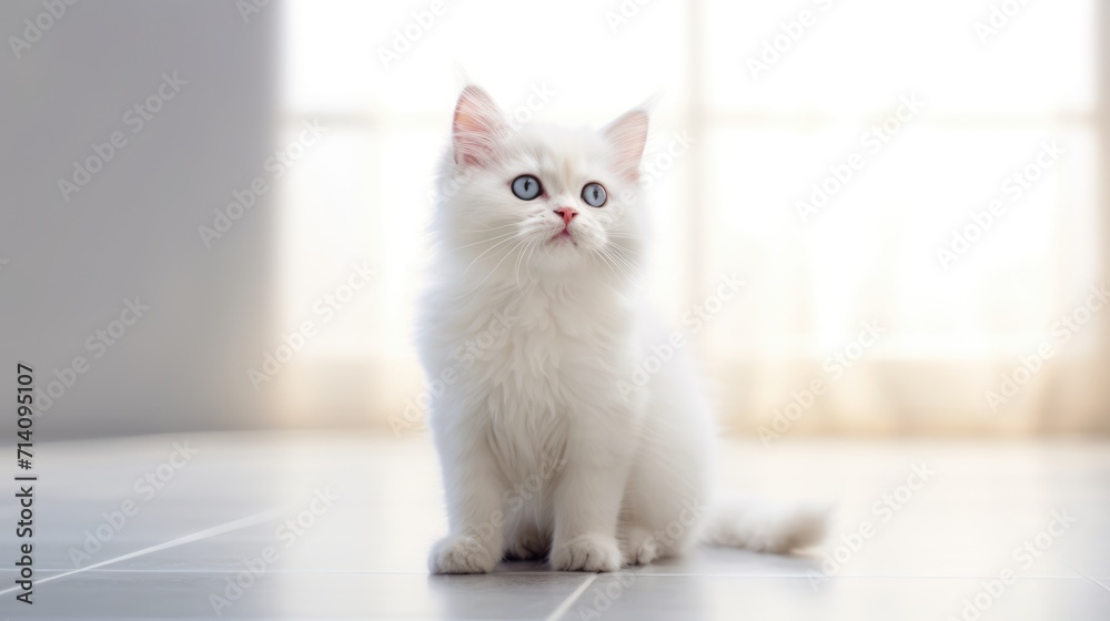 Little cute white kitten. Pet loving idea