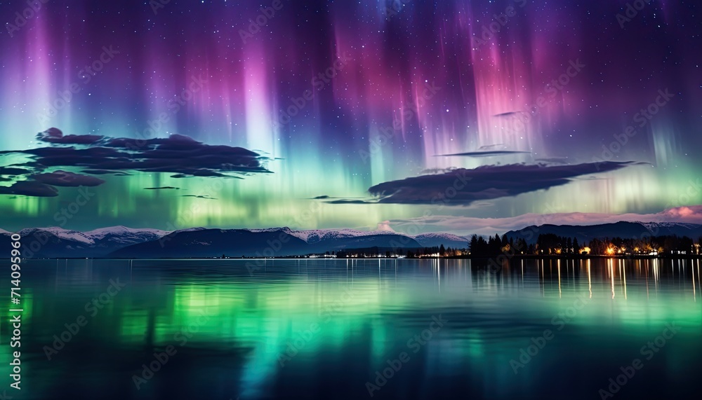 View of night sky with multicolored aurora borealis and snowy mountains peak background. Night glows in vibrant aurora reflection on the lake with forest. 