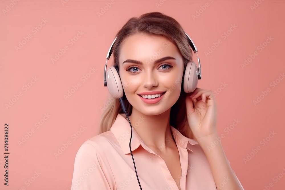Girl call center worker in headphones with a microphone. A woman uses a headset to talk with clients on the phone. Concept: promotion of services and remote assistance by telecom operator. Girl call center worker in headphones with a microphone. A woman uses a headset to talk with clients on the phone. Concept: promotion of services and remote assistance by telecom operator.