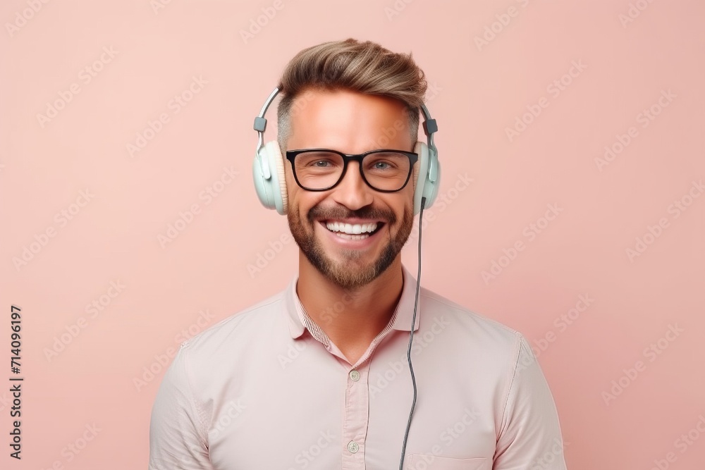 Male call center worker in headphones with microphone. A guy using a headset to talk to clients on the phone. Concept: promotion of services and remote assistance by telecom operator. Banner with copy