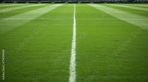 Lush green lawn grass with white line marking at new large football stadium closeup