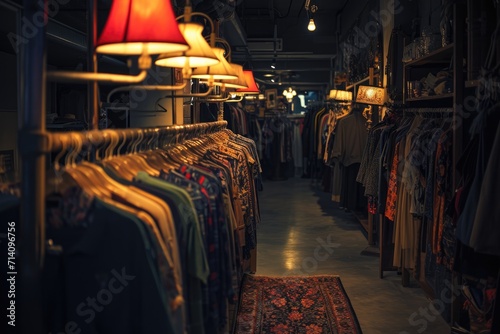 Warmly lit, inviting thrift shop interior featuring a collection of vintage clothing, eclectic decor, and antique furniture..
