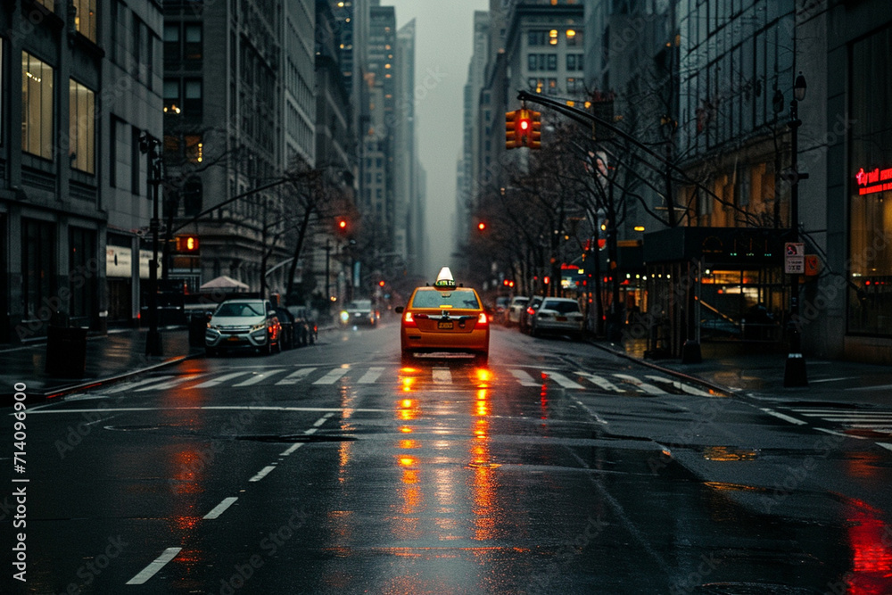 a taxi on empty street dark weather,dim lights