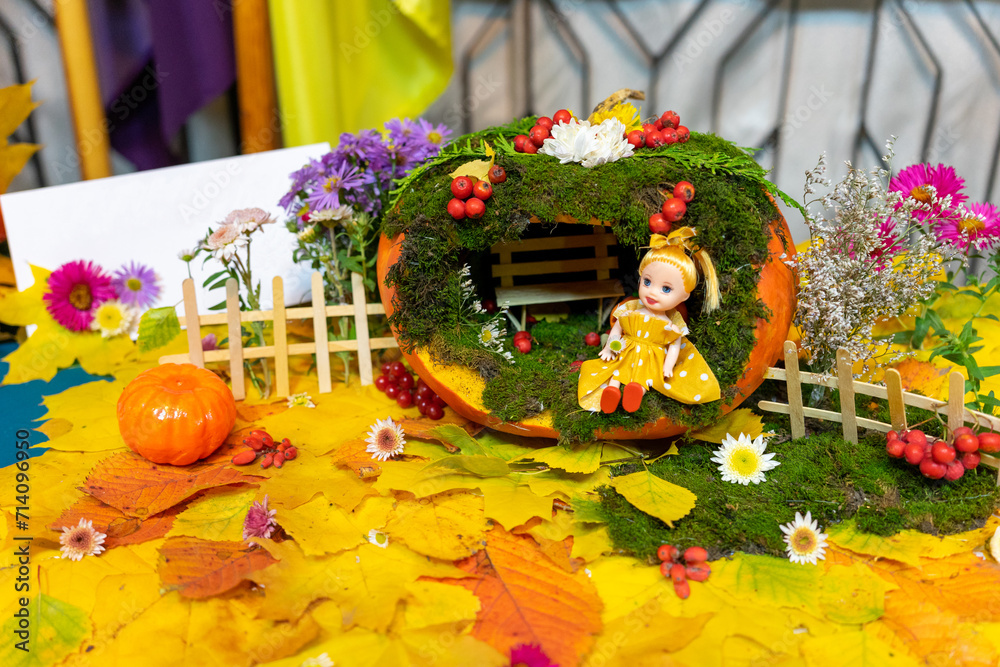 Fototapeta premium The doll house is made of pumpkin and natural materials