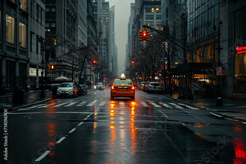 a taxi on empty street dark weather,dim lights