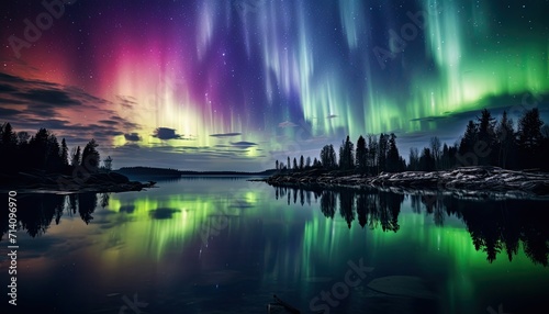 View of night sky with multicolored aurora borealis and snowy mountains peak background. Night glows in vibrant aurora reflection on the lake with forest. 