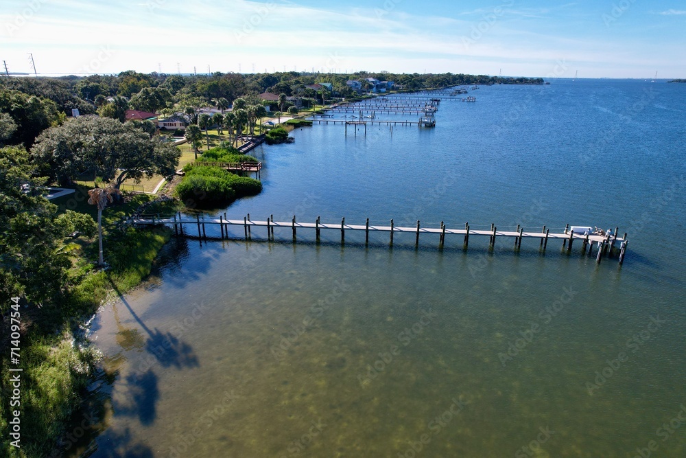 An aerial drone view of the fishing pier at R.E. Oldmars Park in Florida.