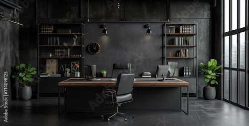 Interior of modern office with dark concrete walls, concrete floor, black computer desk and bookcase. 3d rendering