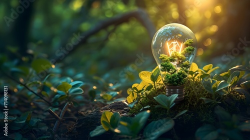 green energy bulb at the forest, lush green forest environment with light bulb. green energy, green power options, renewable power sources concept