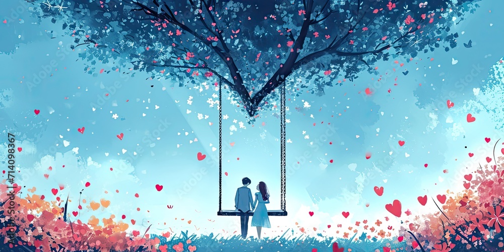 Heart-shaped Garden Swing - Design an illustration of a garden swing suspended from a heart-shaped frame. The scene can capture a couple enjoying a gentle swing under a canopy of blooming flowers - obrazy, fototapety, plakaty 
