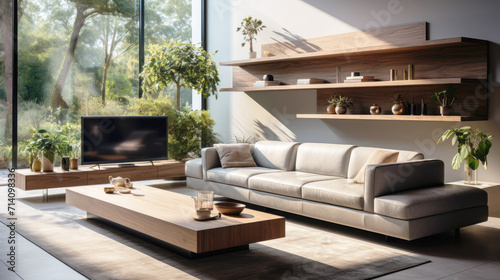 Light sofa and TV in a spacious room. Luxurious home interior design of a modern living room, panoramic windows.