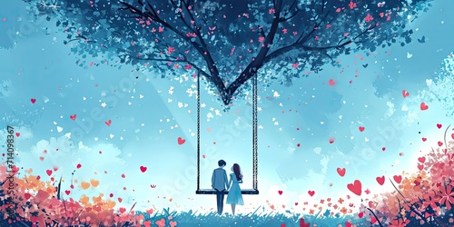 Heart-shaped Garden Swing - Design an illustration of a garden swing suspended from a heart-shaped frame. The scene can capture a couple enjoying a gentle swing under a canopy of blooming flowers