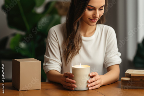 Young woman holding hand made candle. Small business concept