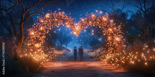 Moonlit Love Archway - Illustrate a moonlit archway adorned with flowers and lights, forming a heart-shaped entrance. The scene can capture a couple walking through the archway under a starry sky