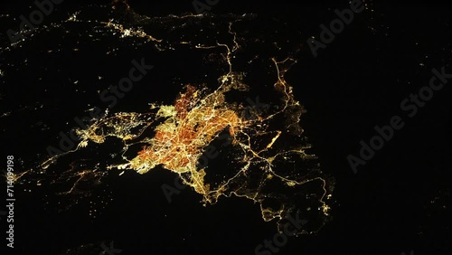Satellite view city night lights of Athens, Greece, animation based on image by Nasa