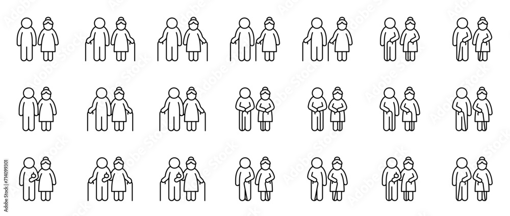 Elderly couple. Senior citizens. Older people. Grandparents. Old man and old woman with walking cane. Set of outline icons (thin line vector). Editable Strokes