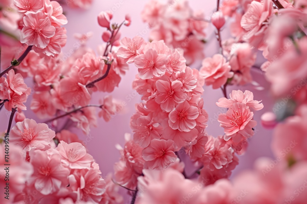 Sakura pink blossom against pink background. March 8th Womens day postcard concept