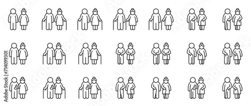 Elderly couple. Senior citizens. Older people. Grandparents. Old man and old woman with walking cane. Set of outline icons (thin line vector). Editable Strokes