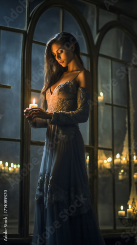 A beautiful young lady dressed in black, in a dark castle room with candles, gothic atmosphere