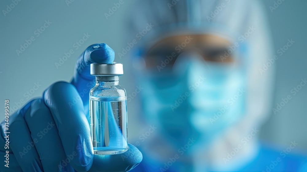 Blurred photo of a doctor in medical mask and protective gloves. Doctor holding vial with vaccine. Selective focus. Blurred photo of a doctor in medical mask and protective gloves. Doctor holding vial with vaccine. Selective focus.