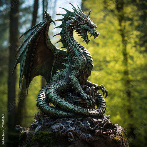 dragon statue on a pedestal forest