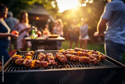 Close up fried barbecue meat in the foreground with blurred people from behind resting in a friendly cheerful company. Concept of having fun at summer with friends