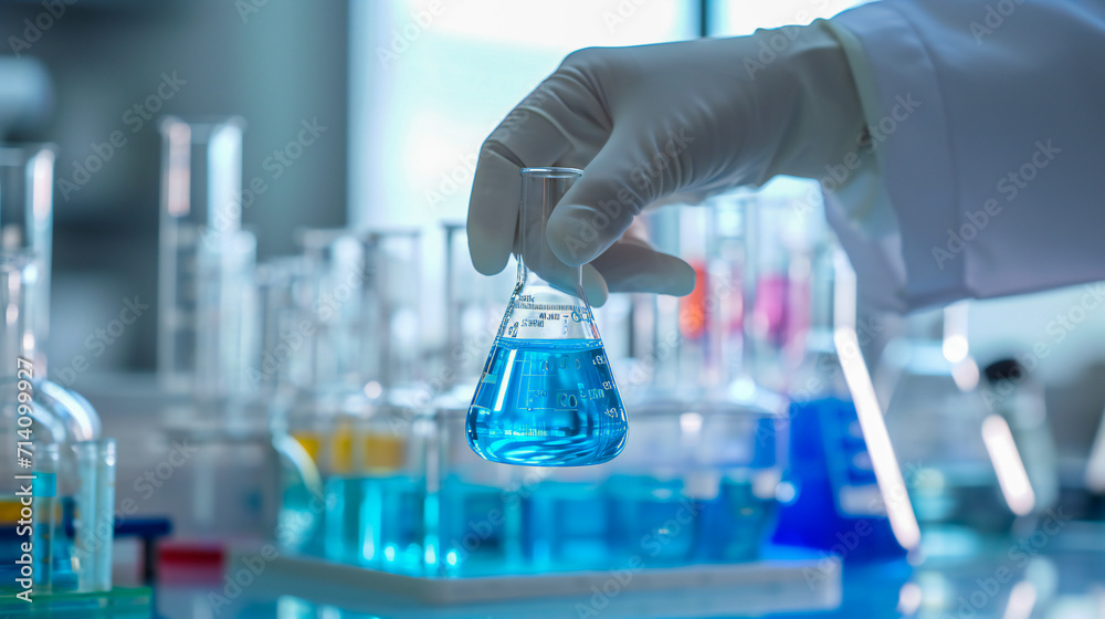 A scientist hand holding a glass container with a blue liquid in it A scientist hand holding a glass container with a blue liquid in it