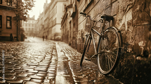 A bicycle leaning on a wall on a wet cobbled street in a romantic old city
