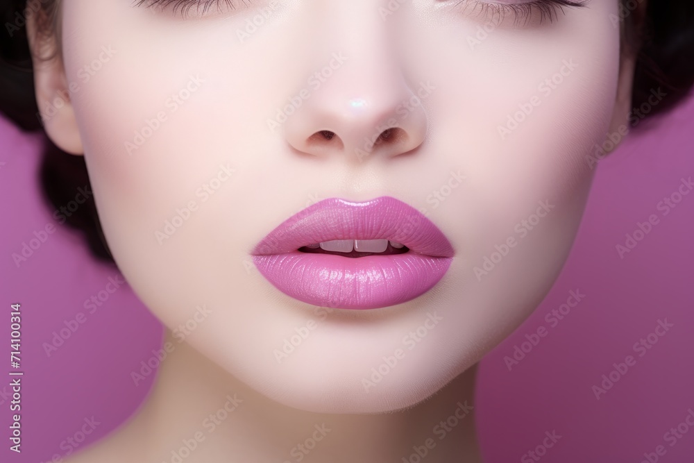 Close-up portrait of a young blond woman's face with bright lilac makeup on a lilac background Close-up portrait of a young blond woman's face with bright lilac makeup on a lilac background