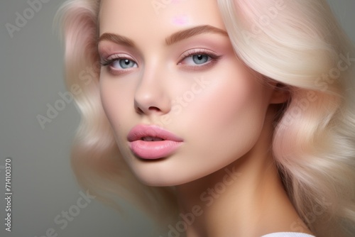 Close up portrait of young blond woman s face with with gentle makeup