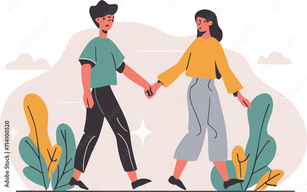 couple walking with a little puppy , flat vector illustration couple walking with a little puppy , flat vector illustration