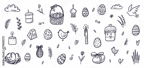 Vector set of Easter design elements. Eggs  chicken  cakes  willow  candles hand-drawn in the style of a doodle.