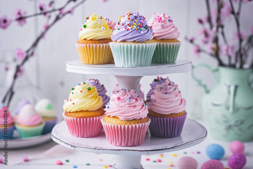 Colorful Easter Cupcakes with Sprinkles on a Cake Stand