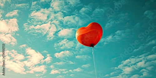 Heartwarming Sky Float - Envision a red heart balloon gracefully drifting in a serene blue sky. 